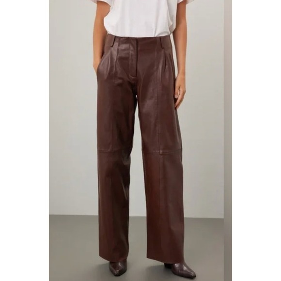 Veda Pants - VEDA Pants Women 12 Brown Leather Wide Leg High Rise Trousers